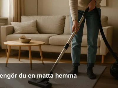 Person dammsuger en ljus ullmatta i ett soligt vardagsrum