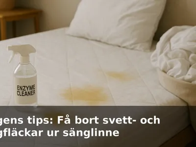 Gulnade svettfläckar på vitt madrasskydd och kuddskydd före rengöring, samt en flaska enzymrengöring bredvid sängen.