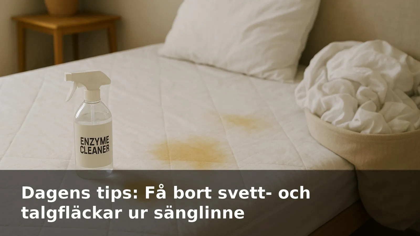 Gulnade svettfläckar på vitt madrasskydd och kuddskydd före rengöring, samt en flaska enzymrengöring bredvid sängen.