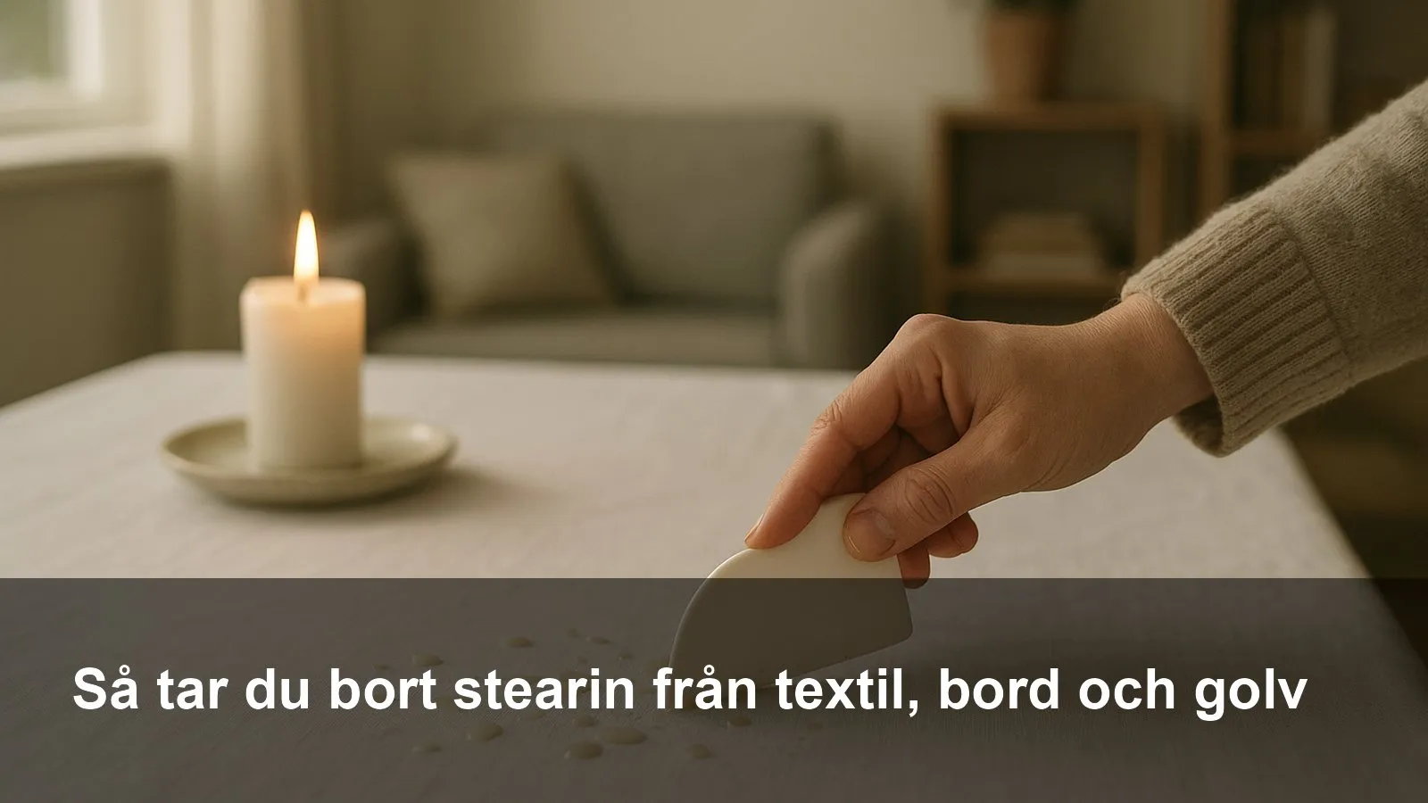 Hårda droppar av stearin på en vit duk med en hand som skrapar försiktigt med ett plastkort