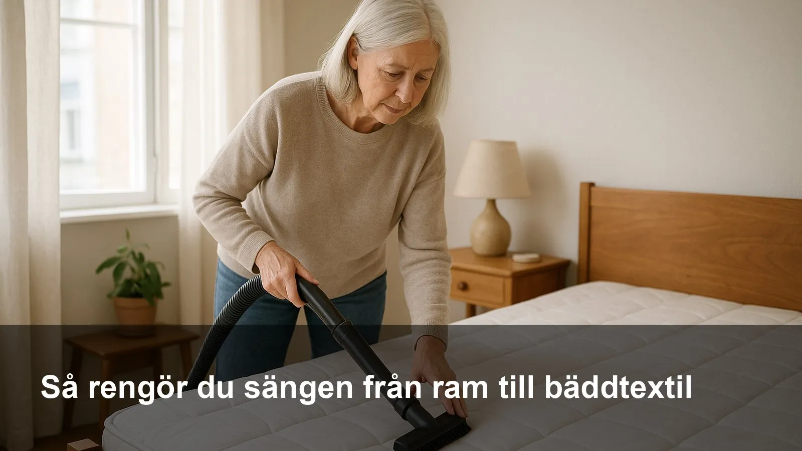 En person dammsuger madrassen längs sömmarna med ett borstmunstycke i ett ljust sovrum.