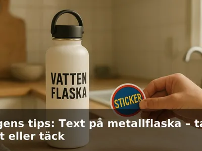 Pulverlackerad metallflaska med tryckt text på en bänkskiva, en hand håller ett färgglatt klistermärke bredvid.