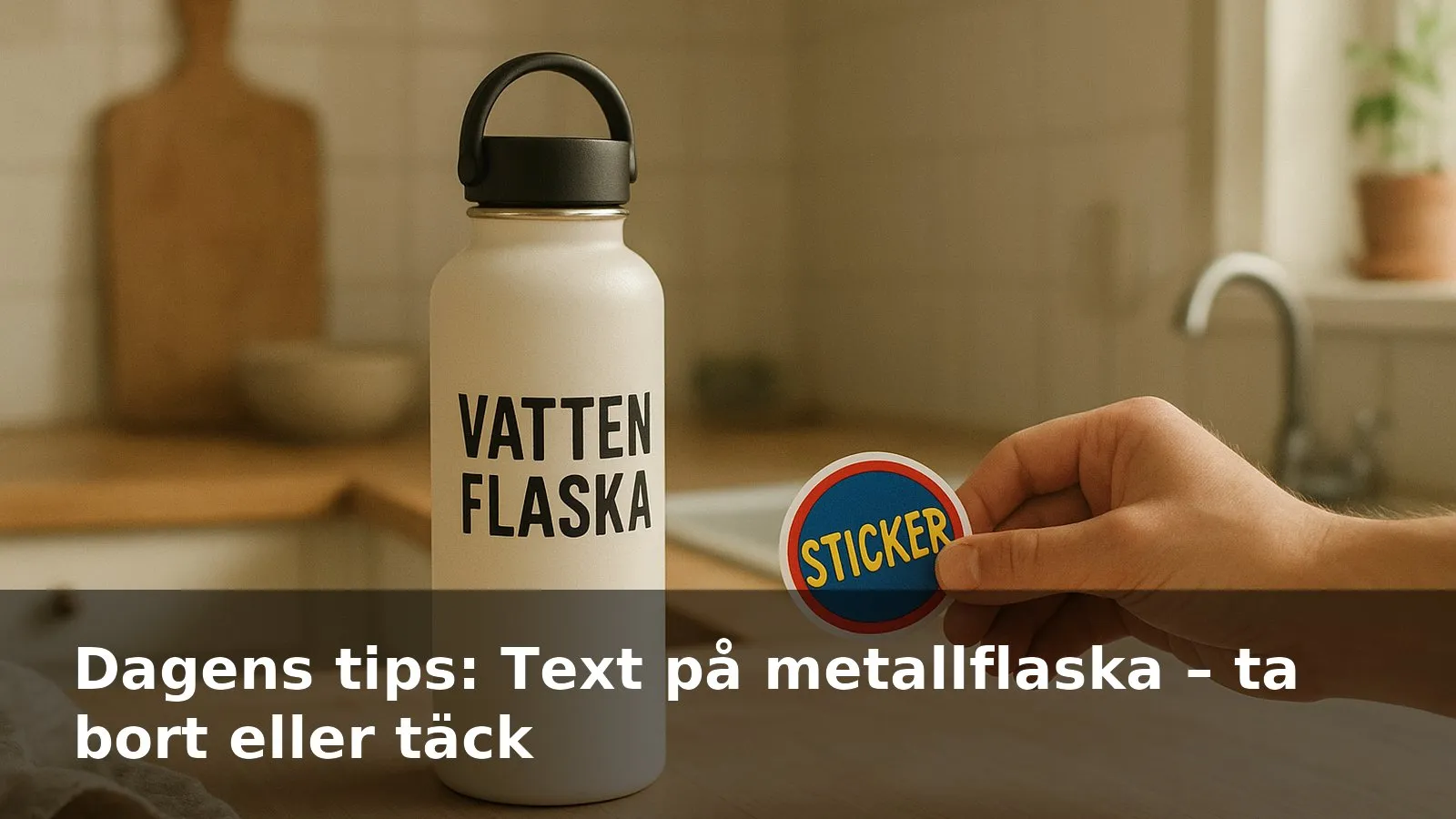 Pulverlackerad metallflaska med tryckt text på en bänkskiva, en hand håller ett färgglatt klistermärke bredvid.