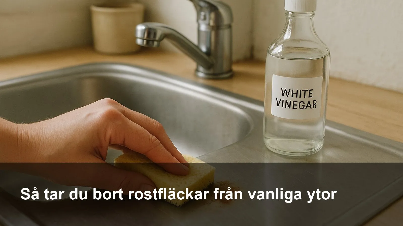 Hand som tar bort en liten rostfläck på en diskho av rostfritt stål med mjuk svamp och ättika.