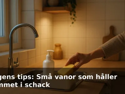 Ett kvällslugnt kök med tom diskho och avtorkade bänkar, en hand lägger en svamp i hållaren.