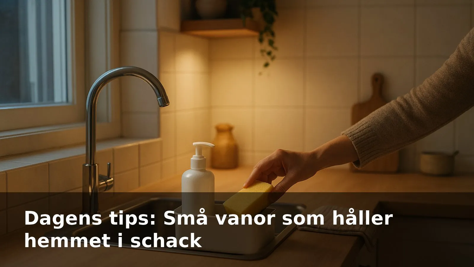 Ett kvällslugnt kök med tom diskho och avtorkade bänkar, en hand lägger en svamp i hållaren.