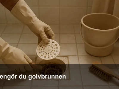 Händer med handskar lyfter upp vattenlåset ur en duschens golvbrunn.
