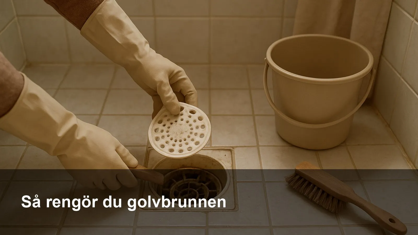 Händer med handskar lyfter upp vattenlåset ur en duschens golvbrunn.