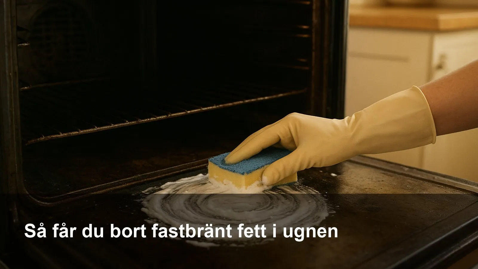Bikarbonatpasta stryks på inbränt fett i en ugn av en hand med handske