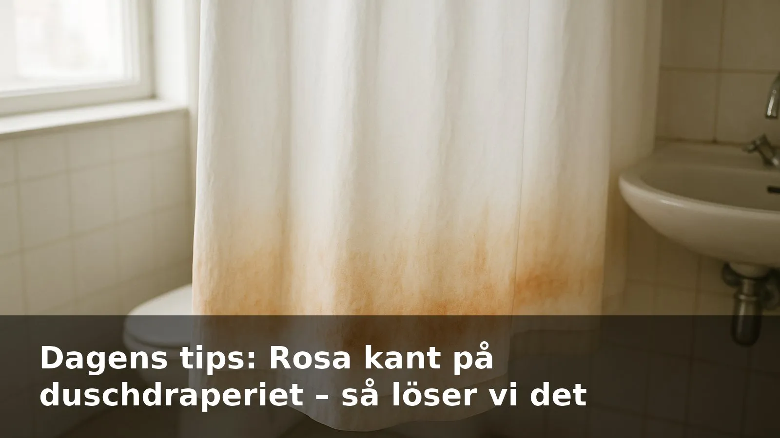 Närbild på vit tygduschliner med rosa-orange beläggning längs nederkanten i ett badrum.