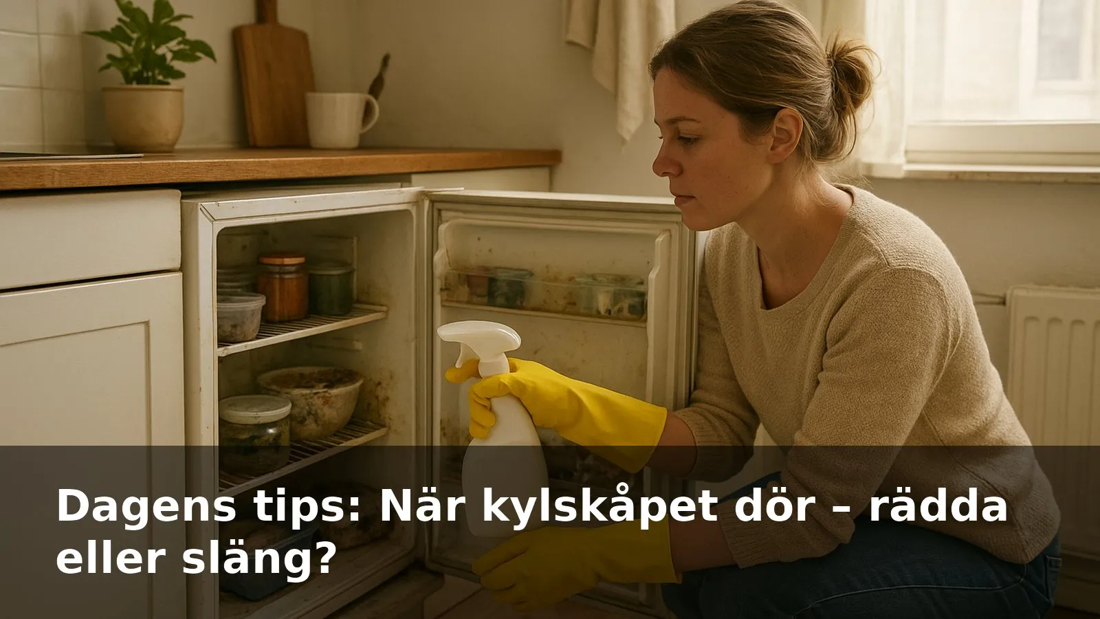 Öppet kylskåp fullt av möglig, rutten mat medan en person med handskar förbereder städning i ett litet kök.