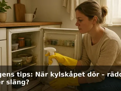 Öppet kylskåp fullt av möglig, rutten mat medan en person med handskar förbereder städning i ett litet kök.
