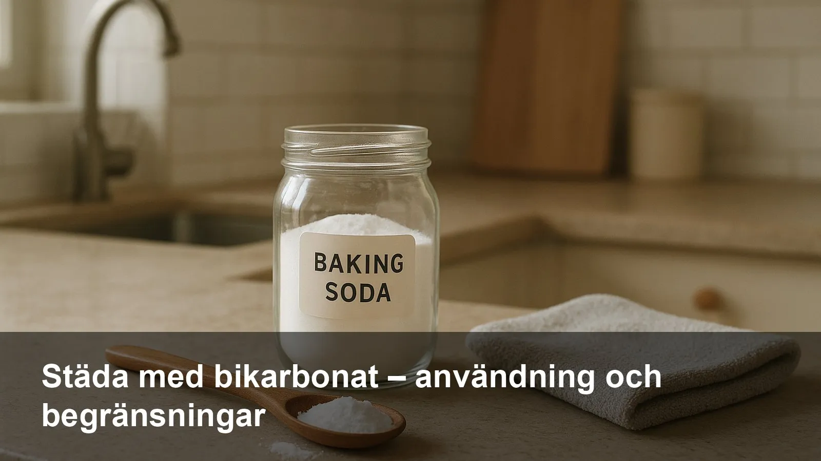 En burk bikarbonat med sked och en mjuk trasa på köksbänk, redo för städning.