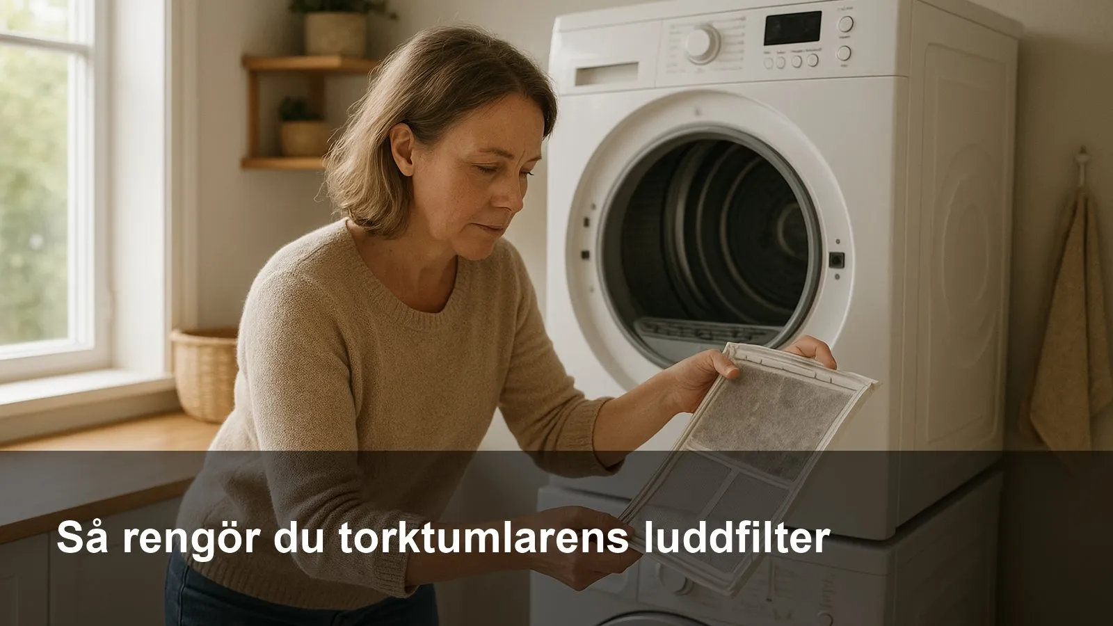 Person som tar ut luddfiltret ur en frontmatad torktumlare i tvättrum