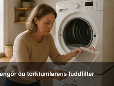 Person som tar ut luddfiltret ur en frontmatad torktumlare i tvättrum