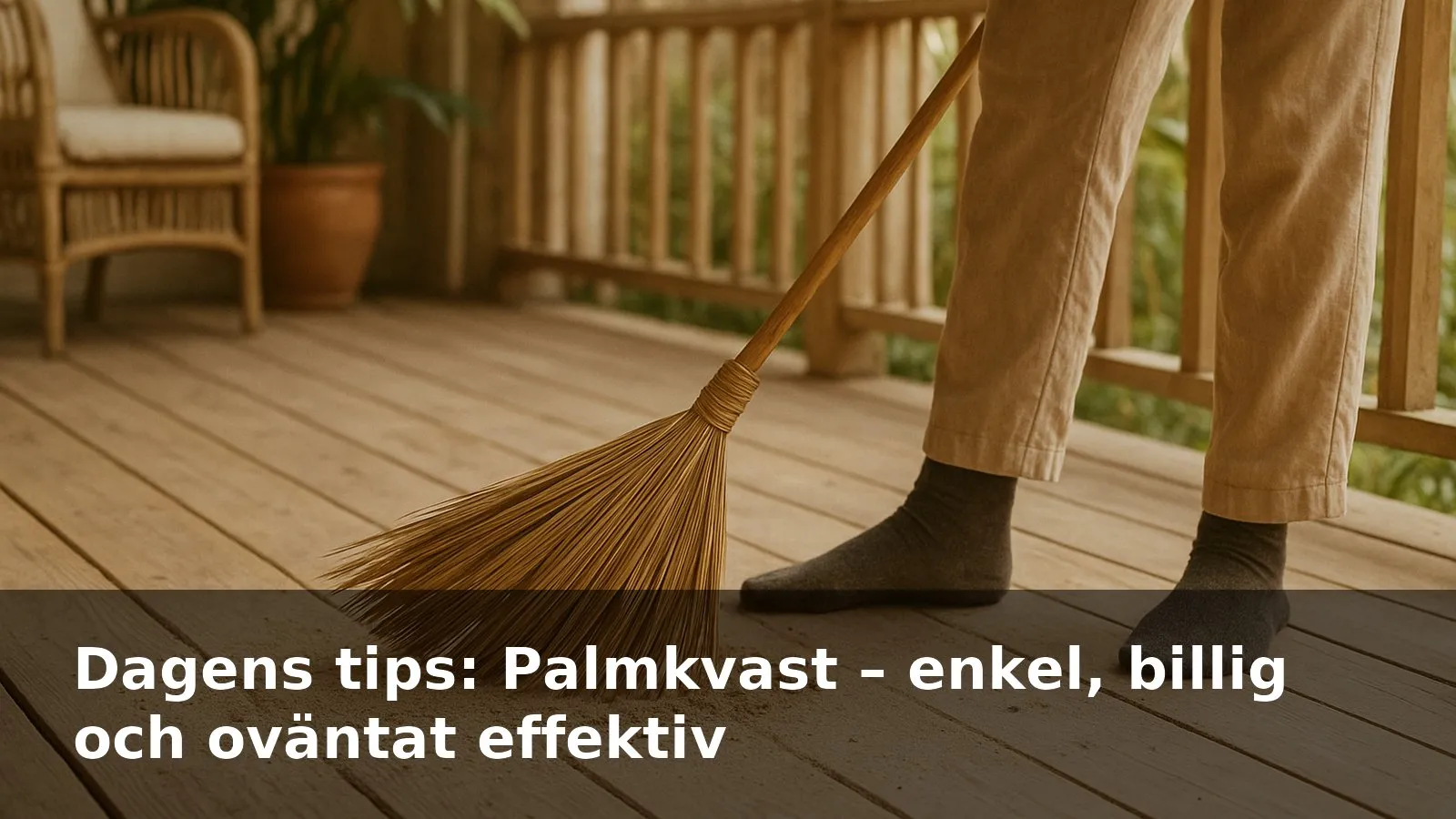 Handgjord palmkvast som sopar sand från en solig veranda