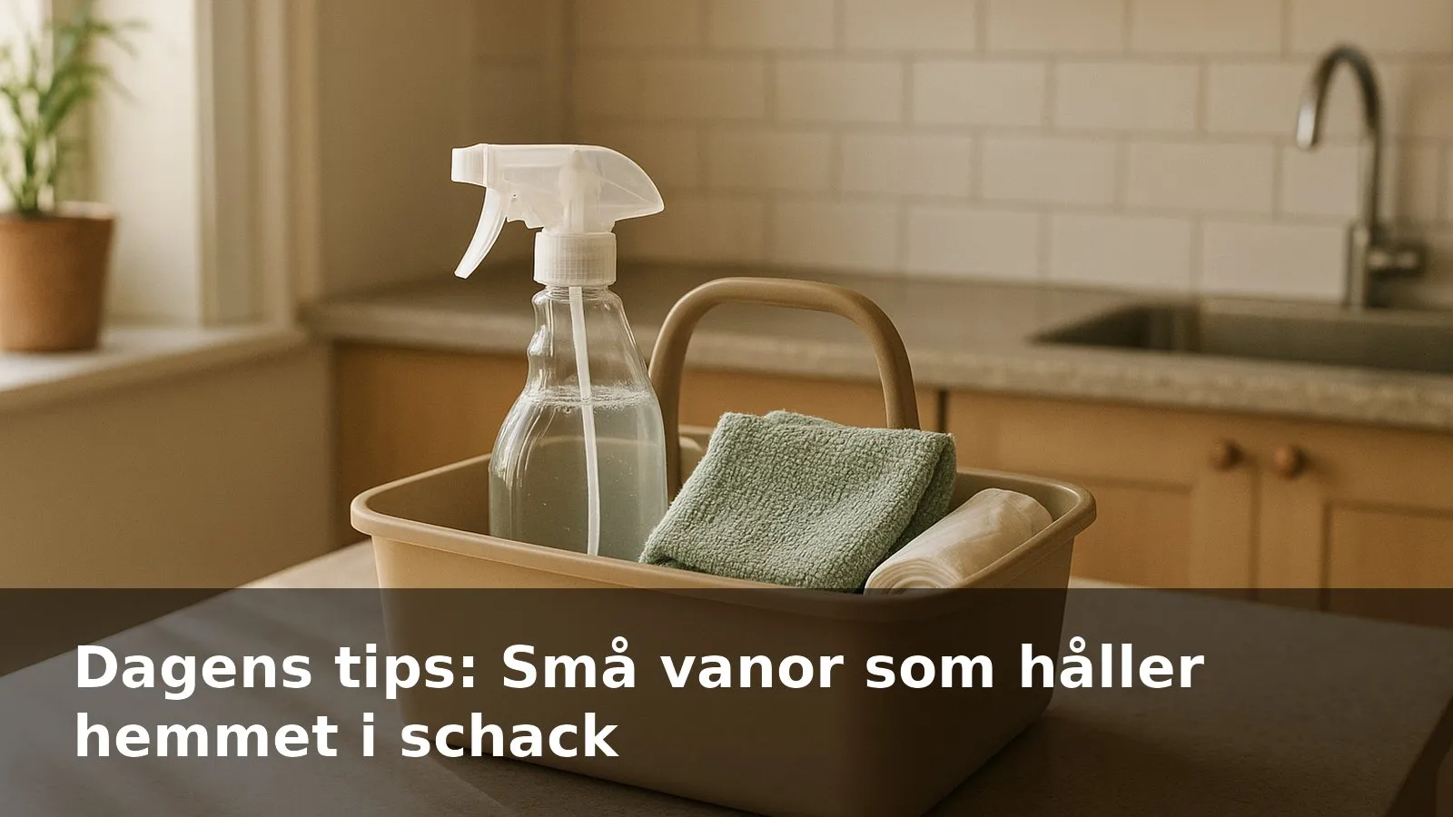 En liten städcaddy med sprayflaska, mikrofibertrasor och soppåsar på en köksbänk i morgonljus.