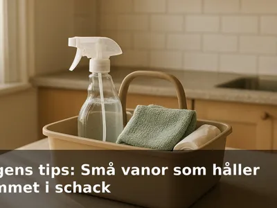 En liten städcaddy med sprayflaska, mikrofibertrasor och soppåsar på en köksbänk i morgonljus.