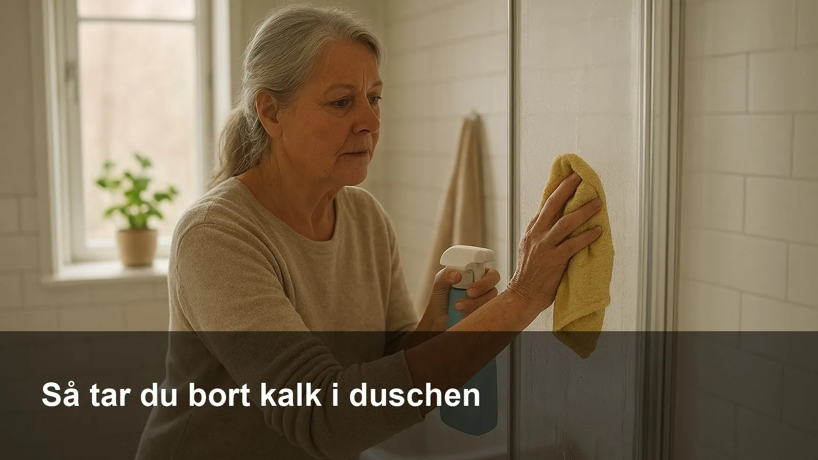 Hand som torkar bort kalkfläckar på en glasduschvägg med mikrofiberduk