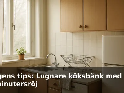 Litet soligt kök med rena bänkar, tom diskho och några få vardagssaker på sin plats efter en femminutersröj.