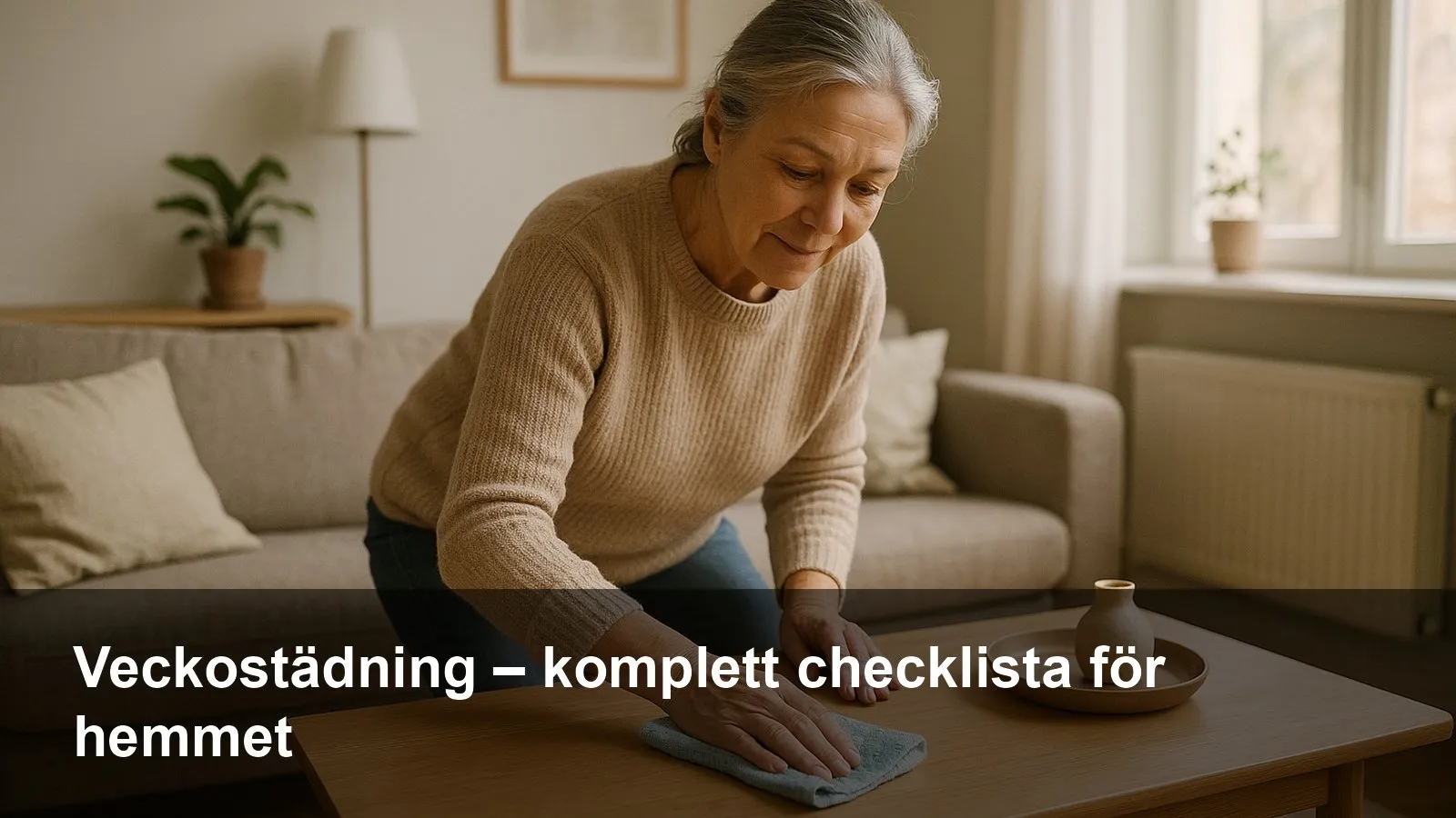 Kvinna i 60-årsåldern torkar av ett soffbord med mikrofiberduk under veckostädning i ett ljust vardagsrum.