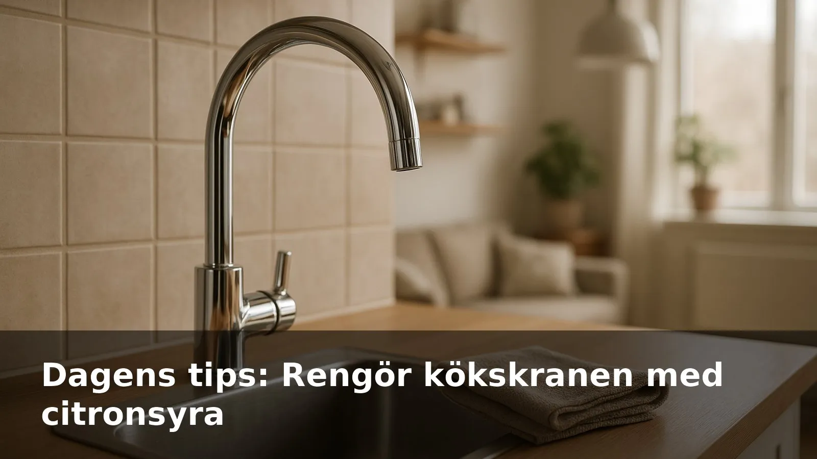 Blank kökskran som glänser efter avkalkning, med en mikrofiberduk bredvid.