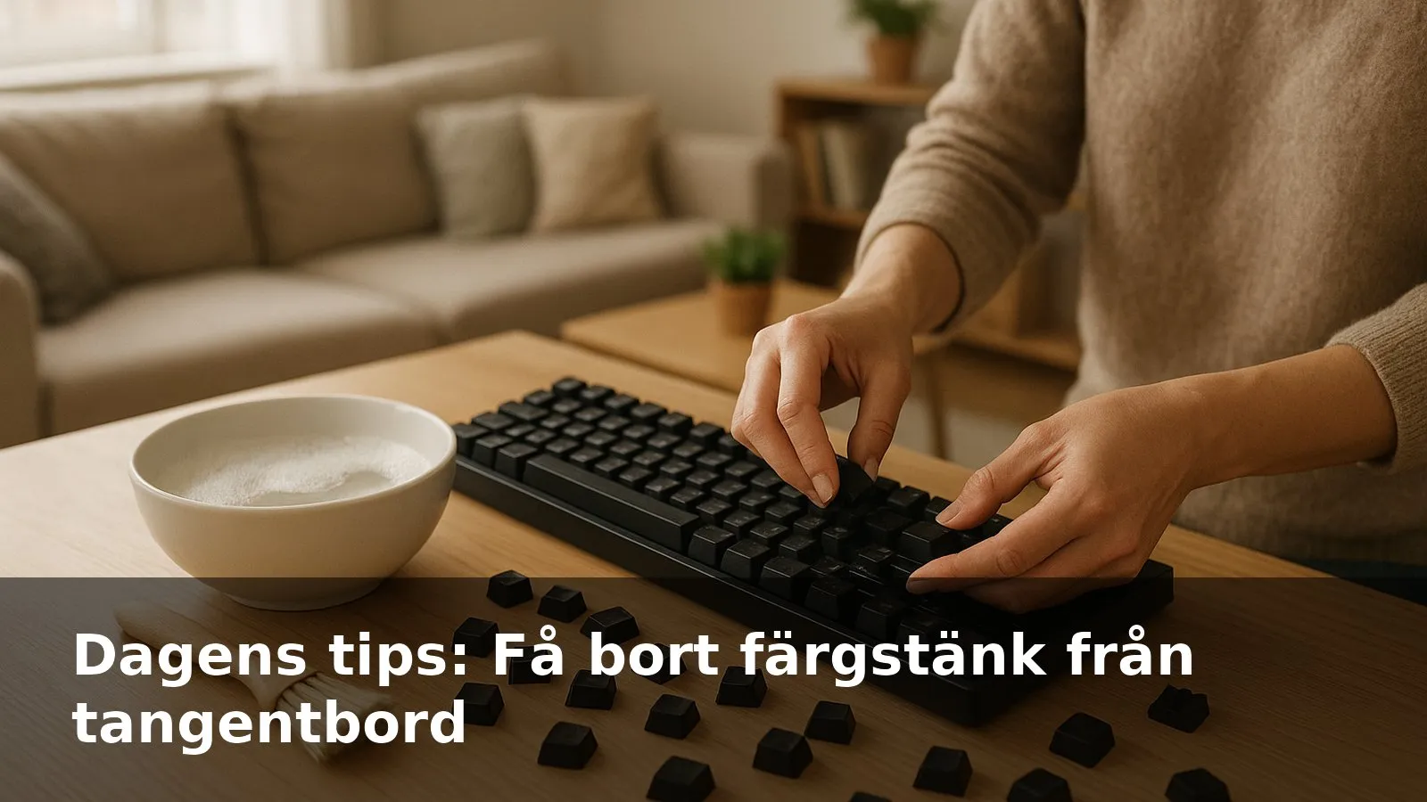 Någon plockar av tangenter från ett svart tangentbord och lägger dem i en skål med diskvatten bredvid en mjuk borste.