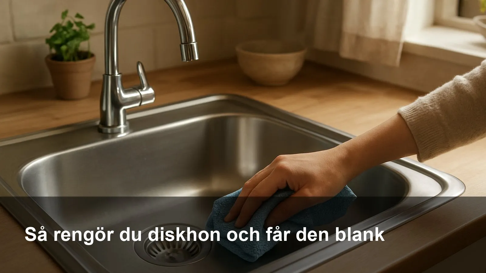 Nypolerad rostfri diskho som glänser, avtorkad med en microfiberduk.