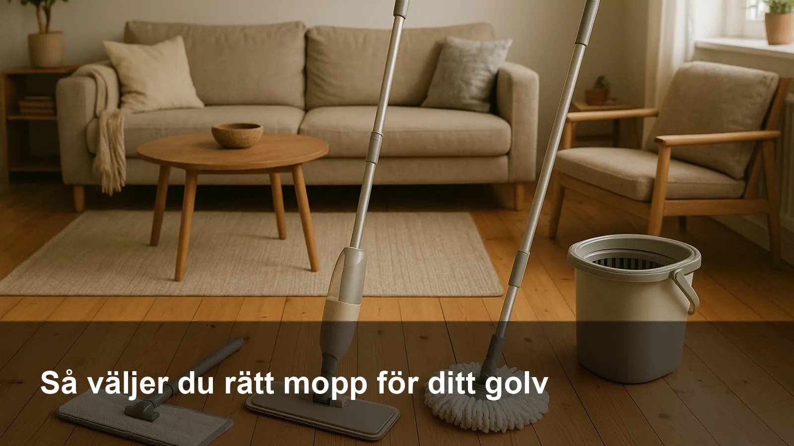 Olika moppar på ett vardagsrumsgolv: platt mikrofibermopp, spraymopp och snurrmopp med hink.