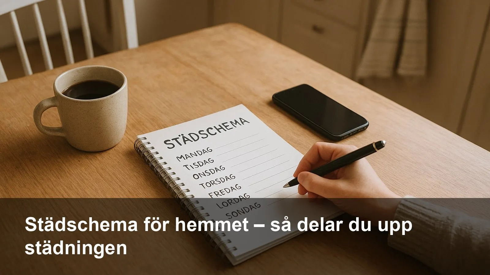 En hand som fyller i ett städschema i en anteckningsbok på ett köksbord med kaffekopp och mobil.
