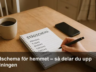 En hand som fyller i ett städschema i en anteckningsbok på ett köksbord med kaffekopp och mobil.