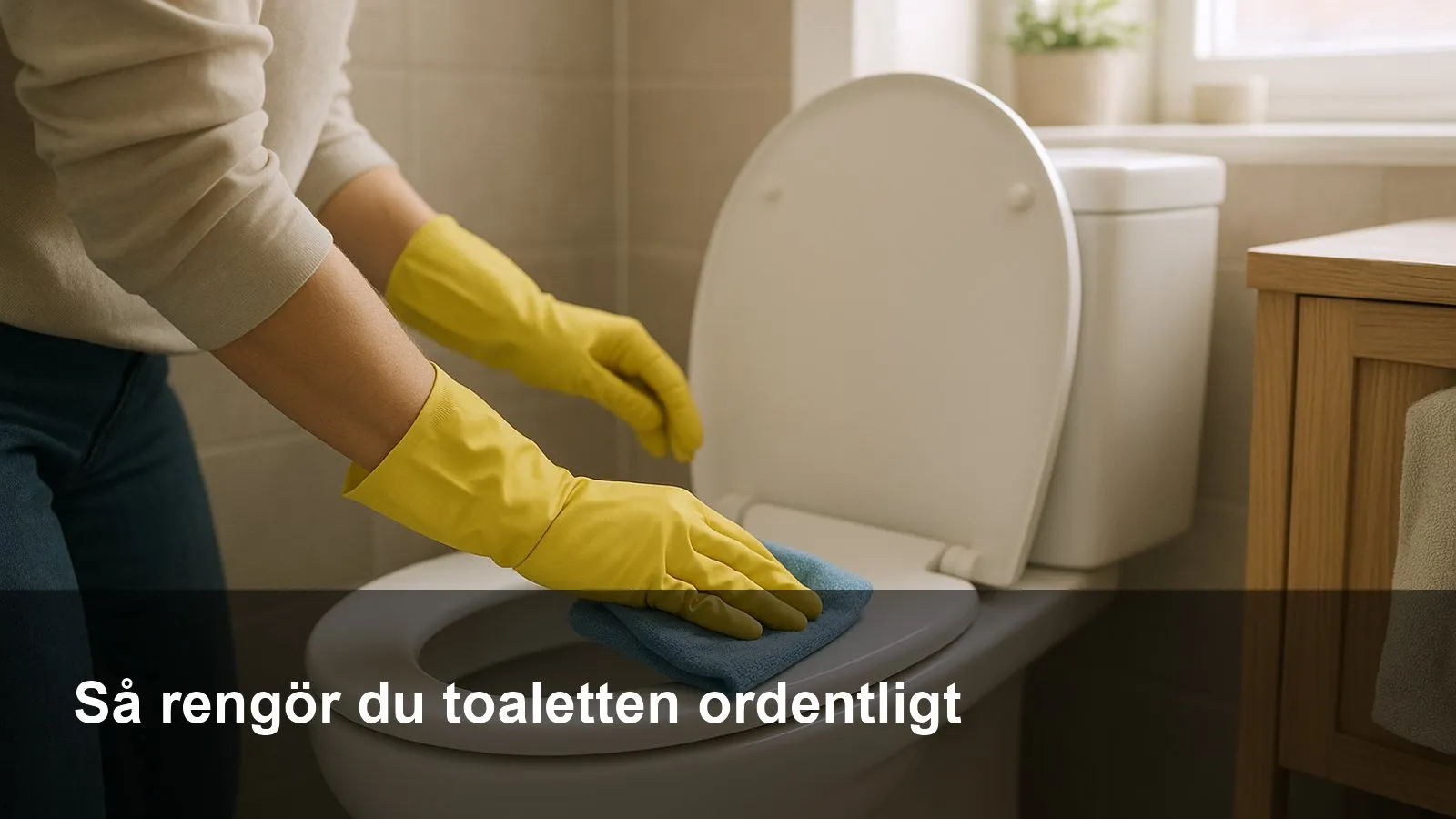 Gummihandskar torkar av toalettens sits och gångjärn med mikrofiberduk