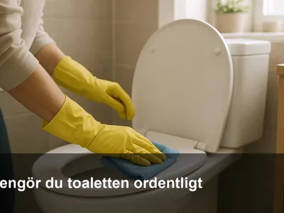 Gummihandskar torkar av toalettens sits och gångjärn med mikrofiberduk