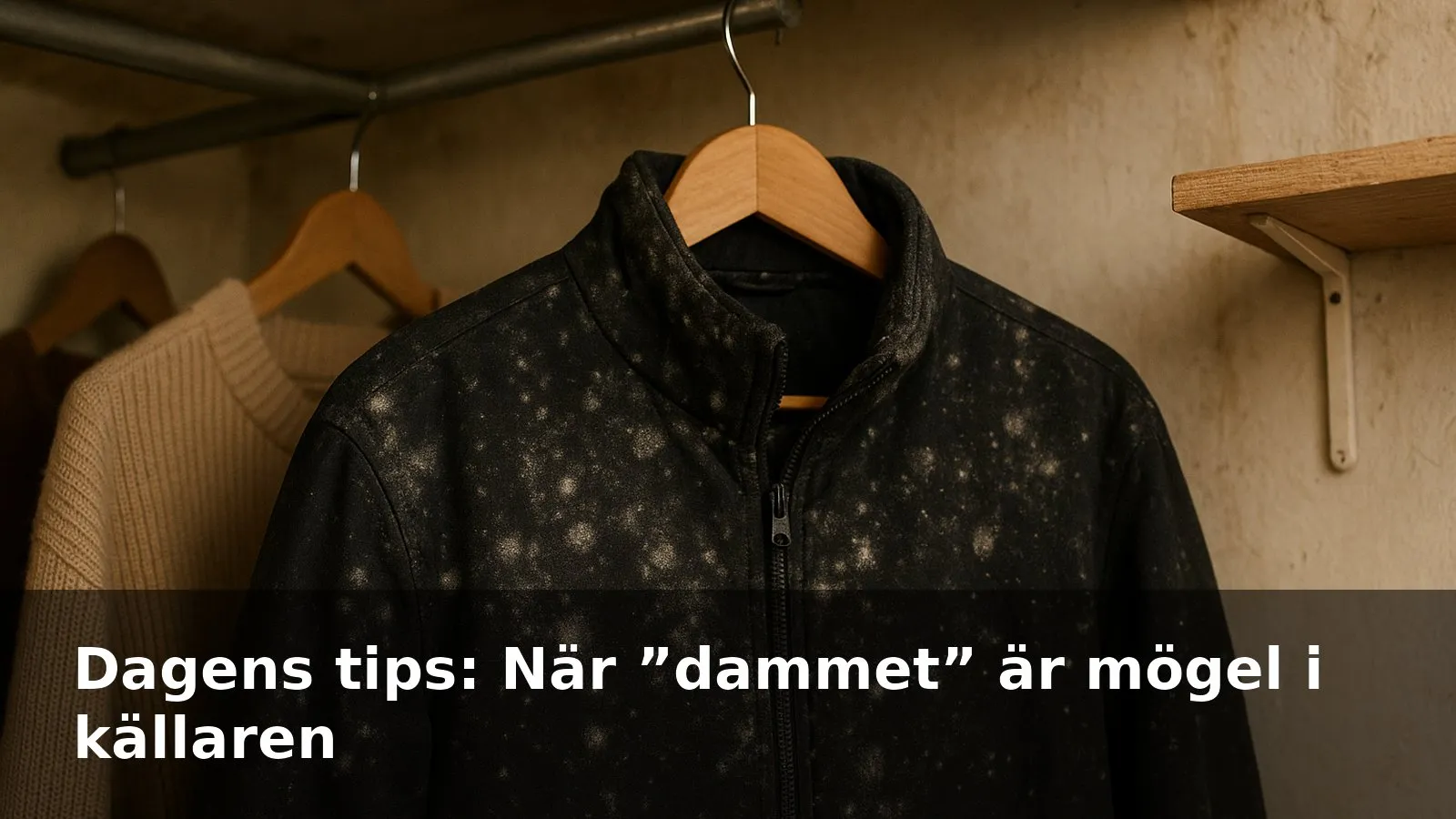 Mögelpåväxt som vitgrått puder på en mörk jacka i en källargarderob.