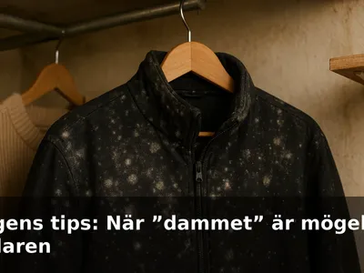 Mögelpåväxt som vitgrått puder på en mörk jacka i en källargarderob.