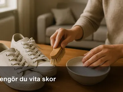 Vita sneakers som rengörs med mjuk borste och mild såplösning på ett bord