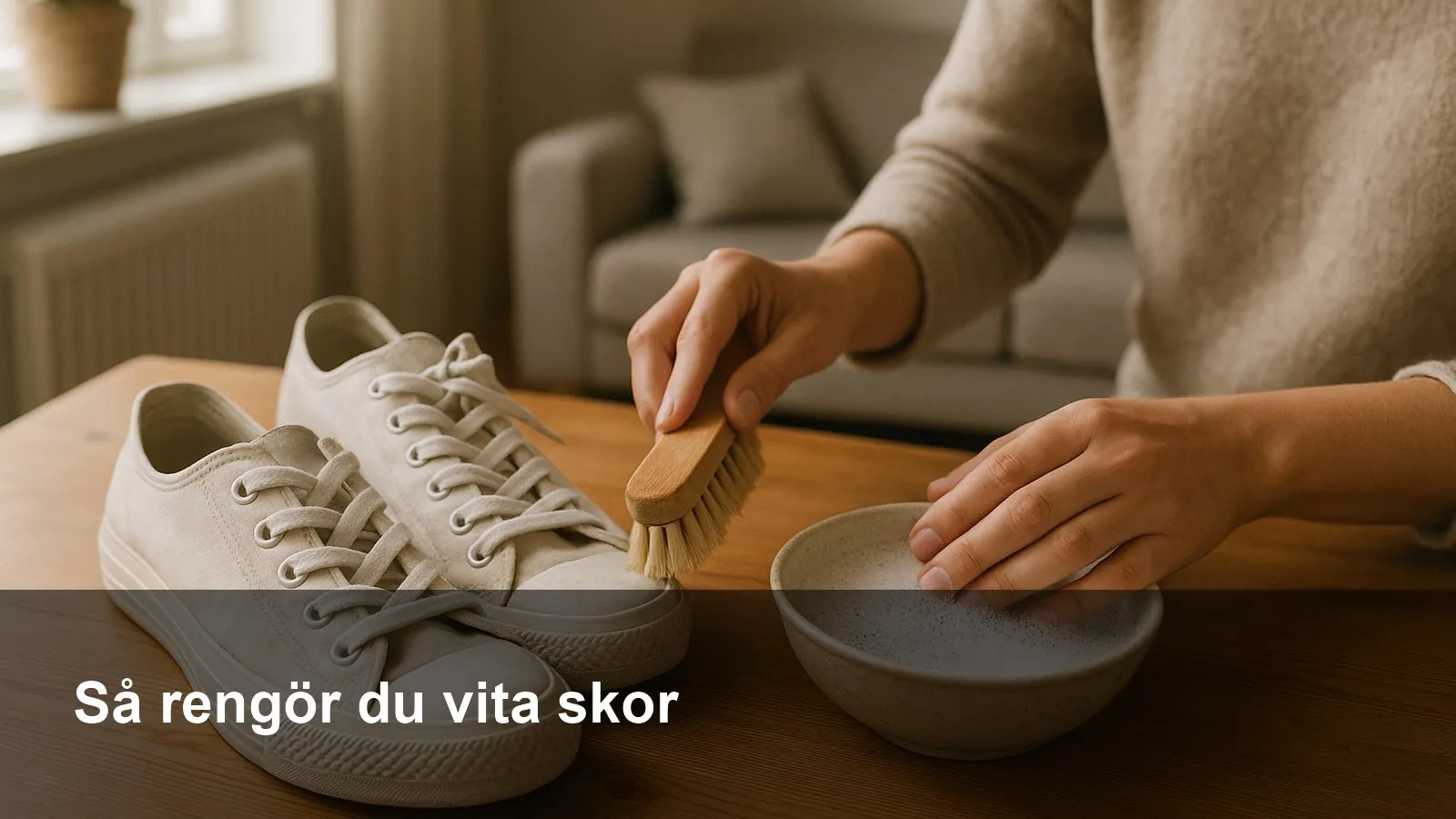 Vita sneakers som rengörs med mjuk borste och mild såplösning på ett bord