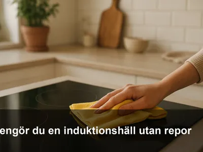 Hand som torkar en svart induktionshäll med mikrofiberduk till blank, randfri yta.