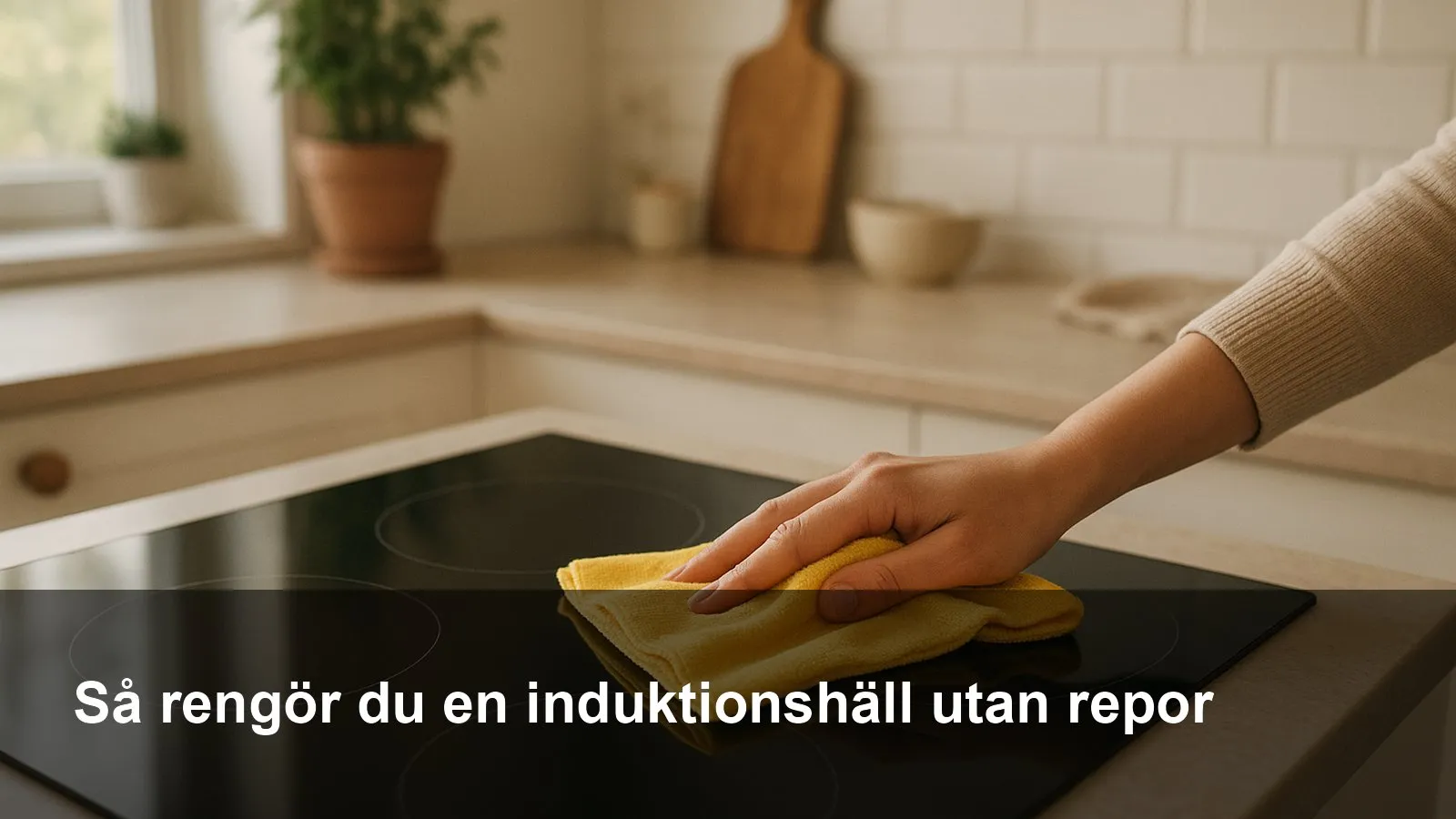 Hand som torkar en svart induktionshäll med mikrofiberduk till blank, randfri yta.