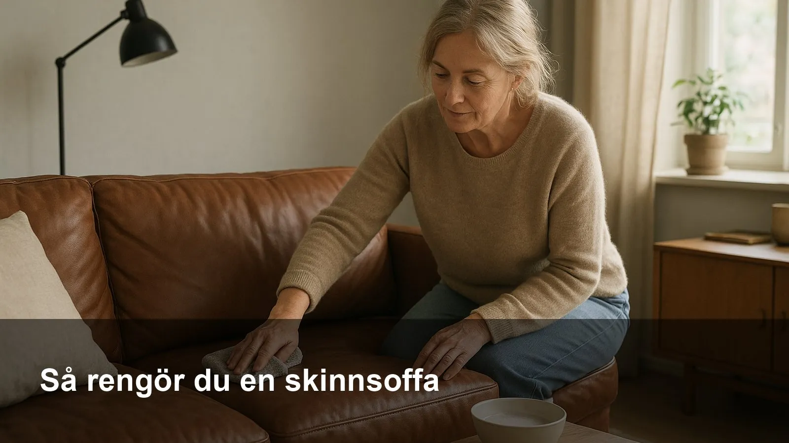 Hand som torkar av en brun skinnsoffa med mjuk mikrofiberduk