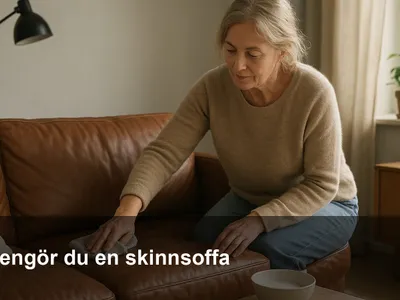 Hand som torkar av en brun skinnsoffa med mjuk mikrofiberduk