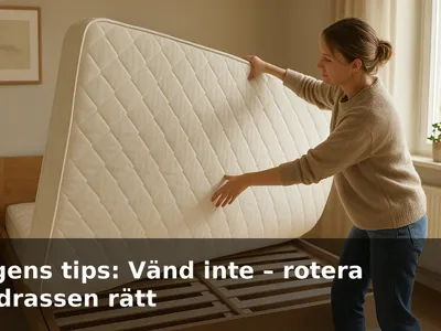En person som roterar en madrass huvud–fot i ett ljust sovrum.