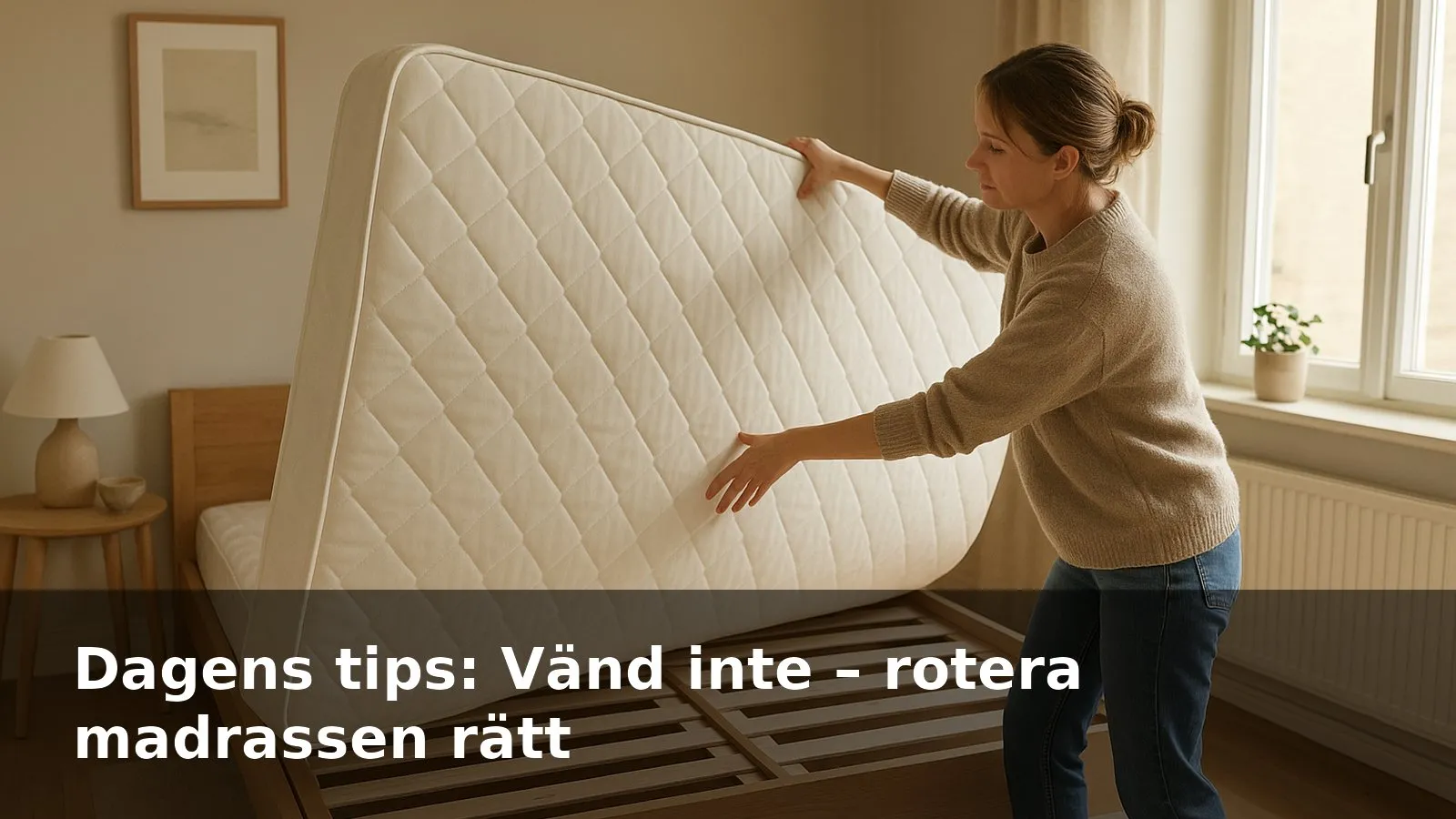 En person som roterar en madrass huvud–fot i ett ljust sovrum.