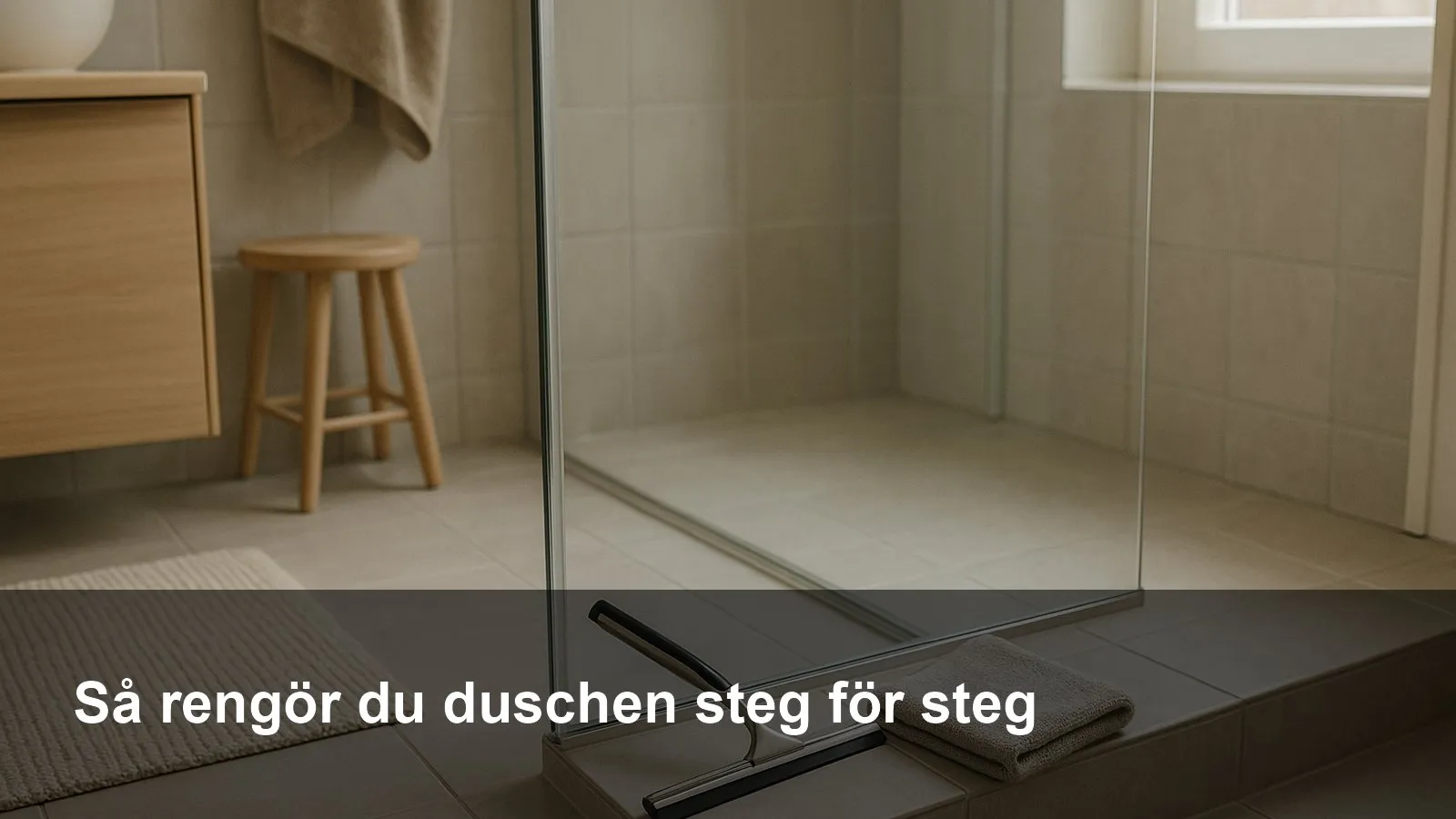 Ren glasdusch efter städning med skrapa och mikrofiberduk på kanten.