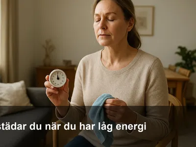 Person i ett lugnt vardagsrum håller en liten timer och en mikrofiberduk, redo för ett kort och snällt städpass.