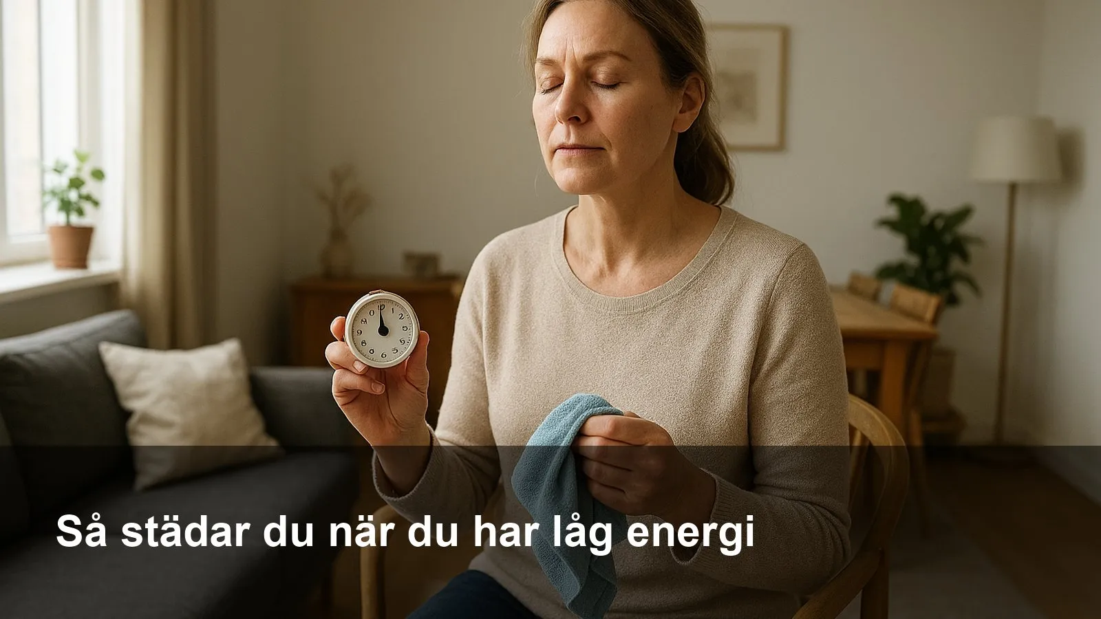 Person i ett lugnt vardagsrum håller en liten timer och en mikrofiberduk, redo för ett kort och snällt städpass.