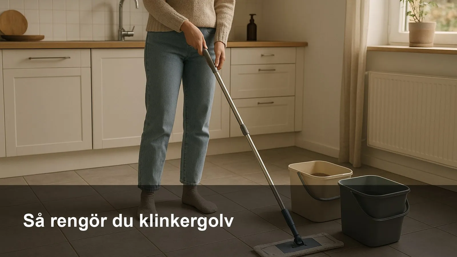 Mikrofibermopp på ett klinkergolv med två hinkar bredvid – en för rent vatten och en för sköljvatten.
