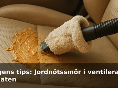 Närbild på perforerat bilsäte med jordnötssmör där en mikrofiberklädd dammsugarände lyfter bort kletet