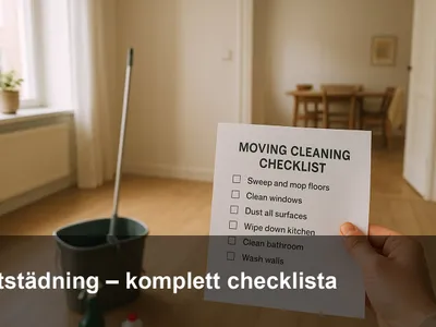 En person med rengöringshink och checklista i en tom, nystädad lägenhet inför flyttstädning.