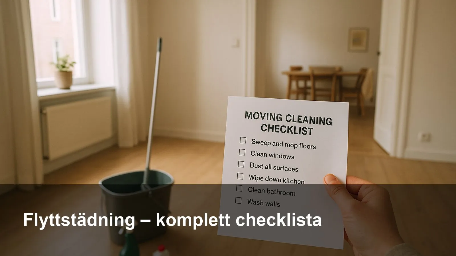 En person med rengöringshink och checklista i en tom, nystädad lägenhet inför flyttstädning.